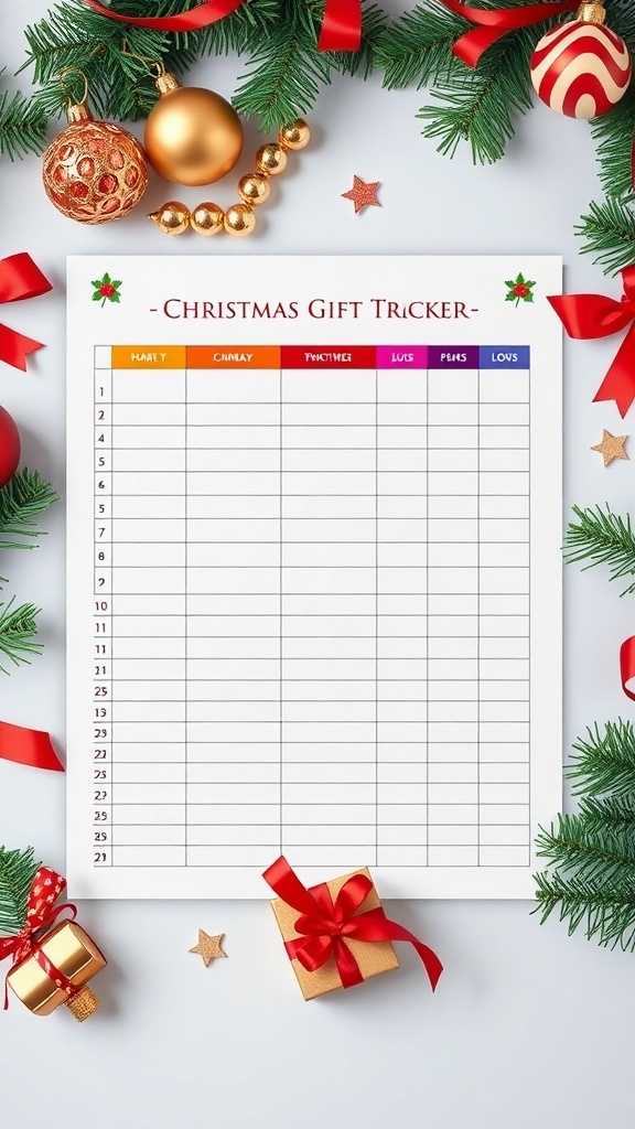 A Christmas gift tracker template with organized columns on a festive background.